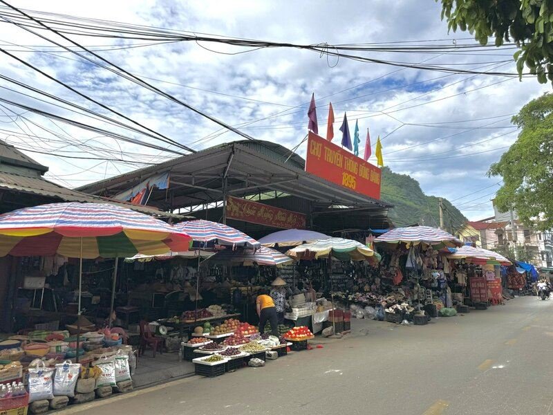 Stalls and umbrellas along the street at Đồng Đăng market